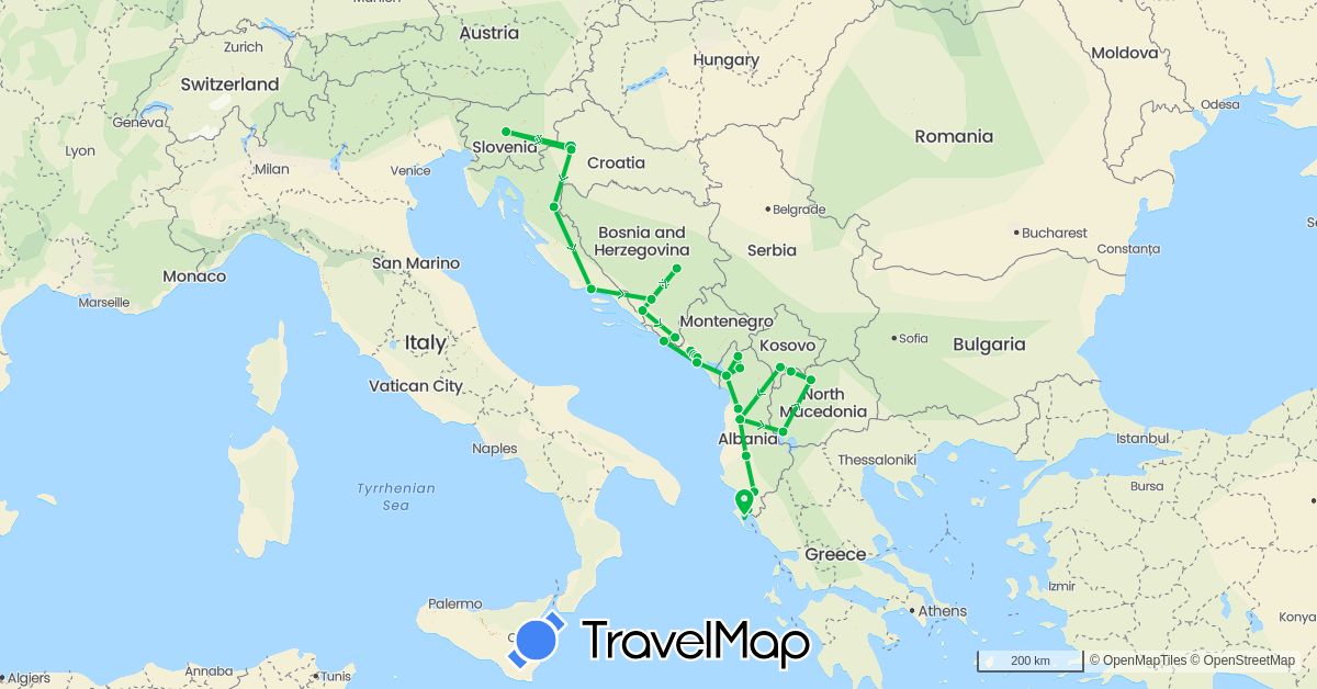 TravelMap itinerary: driving, bus in Albania, Bosnia and Herzegovina, Greece, Croatia, Montenegro, Macedonia, Slovenia, Kosovo (Europe)